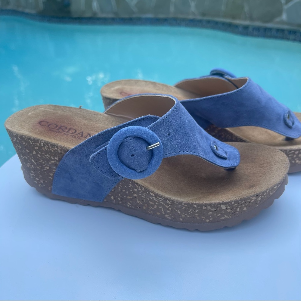 Cordani Ashley Cork Platform Wedge Sandal Periwinkle Suede 2 1/2” Heel Size 6.5